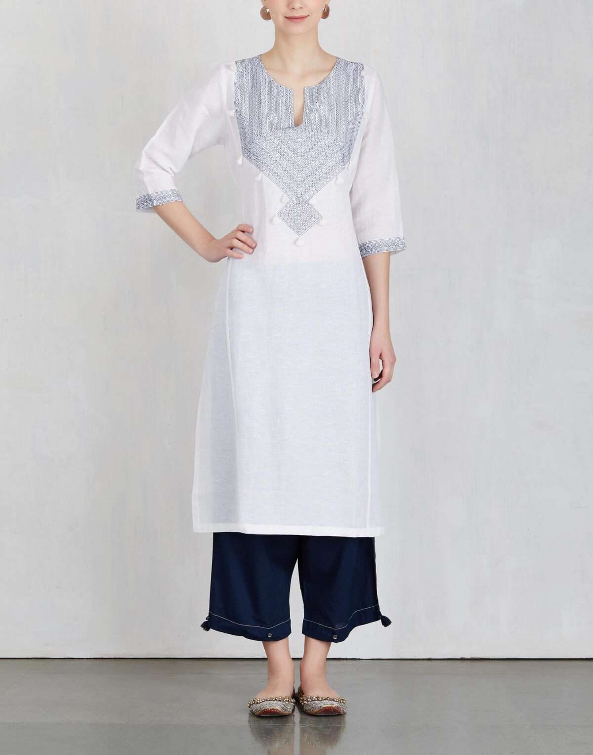 Ivory with Blue Neck Embroidered Kurta Set